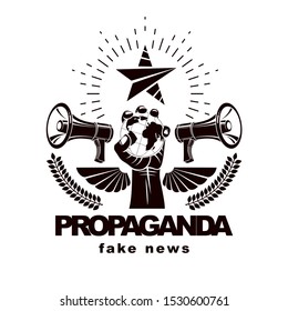 Presentation poster composed with loudspeakers, raised arm holds Earth globe, vector illustration. Propaganda as the means of global manipulation and control.