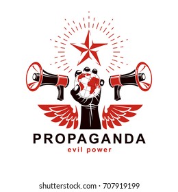 Presentation poster composed with loudspeakers, raised arm holds Earth globe, vector illustration. Propaganda as the means of global manipulation and control.