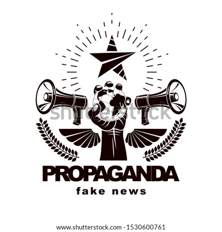Presentation poster composed with loudspeakers, raised arm holds Earth globe, vector illustration. Propaganda as the means of global manipulation and control.