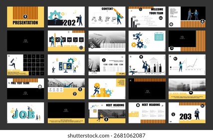 Apresentação, powerpoint, lançamento de um novo projeto de negócios. Modelo de design infográfico, elementos amarelos, fundo preto, conjunto. Equipe de pessoas criando um negócio. Aplicativo móvel. Ilustração vetorial