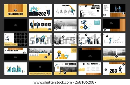 Presentation, powerpoint, launch of a new business project. Infographic design template, yellow elements, black background, set. Team of people creating a business. Mobile app. Vector illustration