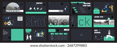 Presentation, powerpoint, launch of a new business project. Infographic design template, green elements, black background, set. Team of people creating a business. Mobile app. Vector illustration