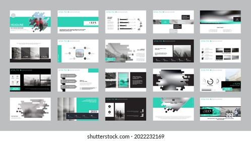 Presentation, powerpoint, launching a new business, financial annual report. Infographic design template, green, black elements, white background, set. A team of people creates business, teamwork