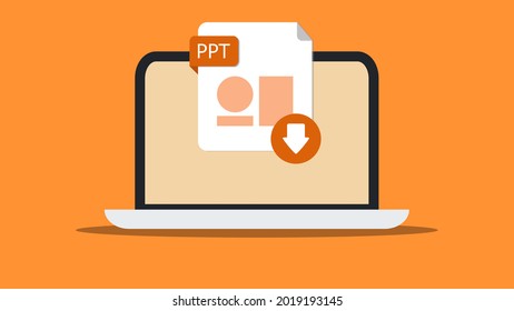 Presentation, PPT file icon download to laptop, computer. Document downloading concept. File with PPT label and down arrow sign represents downloading. Vector illustration.