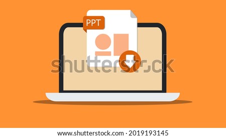 Presentation, PPT file icon download to laptop, computer. Document downloading concept. File with PPT label and down arrow sign represents downloading. Vector illustration.