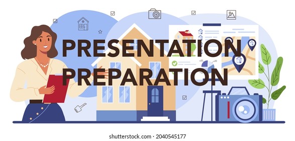 Presentation preparation typographic header. Property selling advertising, apartment rent advert. Real estate industry. Flat vector illustration