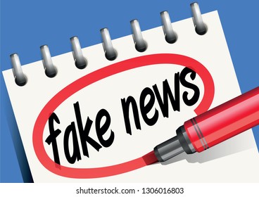 Presentation of the problem of fake news on social networks, with the inscription of the word on a notepad and surrounded by the red marker.
