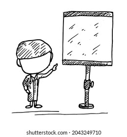 Présentation.	un professeur présentant avec son tableau.	Illustration vintage dessinée à la main. Style de gravure. noir isolé sur fond blanc. image vectorielle dessin graphique illustration croquis.