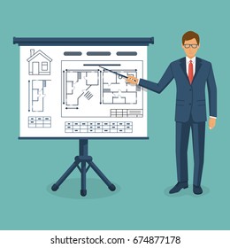 Presentation of project building house. Contractor businessman shows building drawing on blackboard. Architecture planning construction home. Technical project. Vector flat design. Isolated background