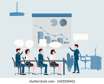 Presentation of the project, business people meeting, teamwork or brainstorming with speach bubbles. Man speaks before his colleagues at a big conference desk. Vector illustration of a flat cartoon