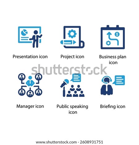 Presentation, Project, Business plan, Manager, Public speaking, Briefing, Blue Icon Set