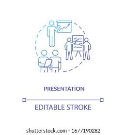 Presentation, project familiarization concept icon. Design process, work samples showing idea thin line illustration. Order fulfillment step. Vector isolated outline RGB color drawing