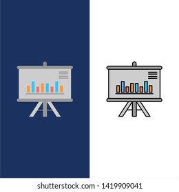 Presentation, Project, Graph, Business,   Icons. Flat and Line Filled Icon Set Vector Blue Background