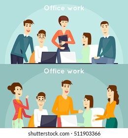 Presentation of the project, meeting, teamwork, collaboration and discussion, conference table, brainstorm. Workplace. Office life. Business characters. Banners. Flat design vector illustration.