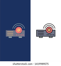 Presentation, Projector, Machine, Service  Icons. Flat and Line Filled Icon Set Vector Blue Background