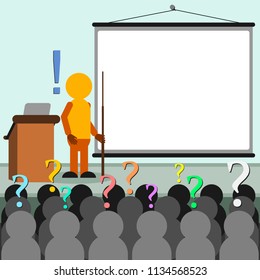 Presentation in public: illustration of a speaker with answers to several questions of the people of the auditorium