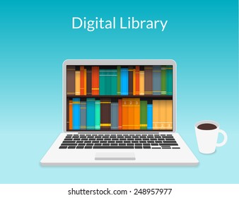Presentation of realistic open laptop with digital eBooks shelf collected in the international internet library store around the world