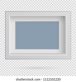 Presentation rectangular horizontal picture frame design element with shadow on transparent background. 3D Board Banner Stand on isolated clean blank. Vector illustration EPS 10 for photo, image, text