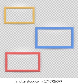 Presentation rectangular horizontal picture frame design element with shadow on transparent background. 3D Board Banner wall on isolated clean blank. Vector illustration EPS 10 for photo, image, text