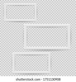 Presentation rectangular picture frame design element with shadow on transparent background. 3D Board Banner wall on isolated clean blank. Vector illustration EPS 10 for photo, image, text