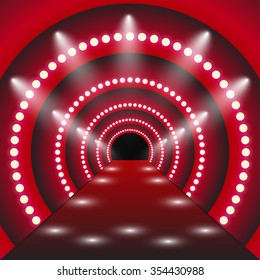 Presentation With Red Carpet And Arch. Red Red Carpet With Spotlight. Vector Illustration