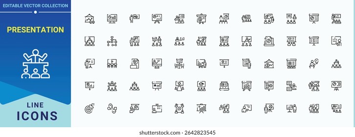 Presentation related icon set. Audience icon collection. Thin outline icons pack. Includes symbols for present, speak, brainstorm, teamwork and more. Editable vector illustration.