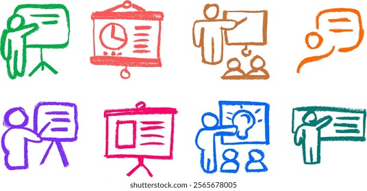 Presentation Related Icons Crayon Chalk Drawing Vector Set