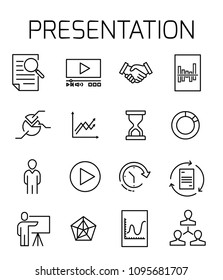 Presentation related vector icon set. Well-crafted sign in thin line style with editable stroke. Vector symbols isolated on a white background. Simple pictograms.