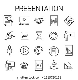 Presentation related vector icon set. Well-crafted sign in thin line style with editable stroke. Vector symbols isolated on a white background. Simple pictograms.