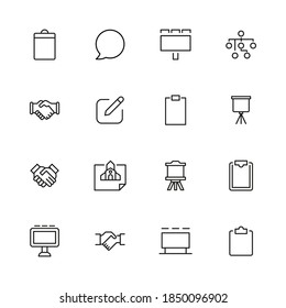 Conjunto de iconos vectoriales relacionados con la presentación. Signo bien diseñado en el estilo de línea delgada con trazo editable. Símbolos vectoriales aislados en un fondo blanco. Pictogramas simples.