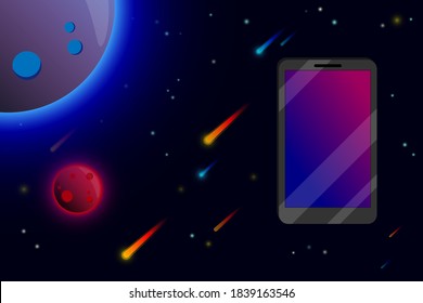 Presentation of the release of a new smartphone, phone on the background of a space landscape, planets, stars and meteorites. Advertising, sale of a new smartphone, phone. Flagship, top sales. Vector