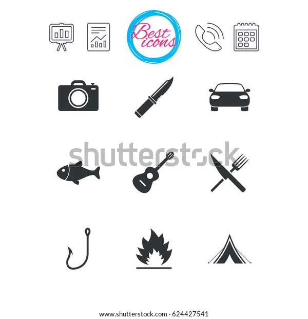 Presentation,\
report and calendar signs. Camping travel icons. Fishing, campfire\
and tourist tent signs. Guitar music, fork and knife symbols.\
Classic simple flat web icons.\
Vector