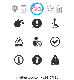 Presentation, report and calendar signs. Caution and attention icons. Question mark and information signs. Injury and disabled person symbols. Classic simple flat web icons. Vector