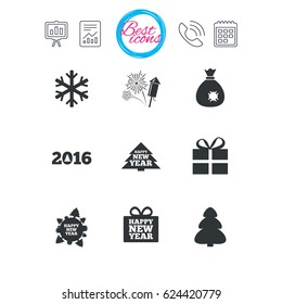 Presentation, report and calendar signs. Christmas, new year icons. Gift box, fireworks and snowflake signs. Santa bag, salut and rocket symbols. Classic simple flat web icons. Vector