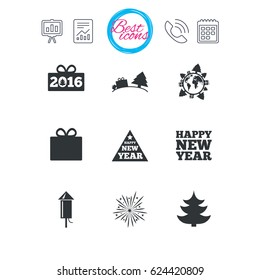 Presentation, report and calendar signs. Christmas, new year icons. Gift box, fireworks signs. Santa bag, salut and rocket symbols. Classic simple flat web icons. Vector
