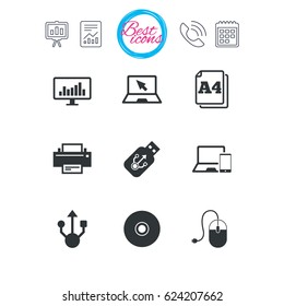 Presentation, report and calendar signs. Computer devices icons. Printer, laptop signs. Smartphone, monitor and usb symbols. Classic simple flat web icons. Vector
