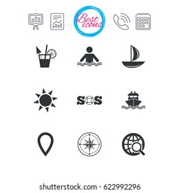 Presentation, report and calendar signs. Cruise trip, ship and yacht icons. Travel, cocktail and sun signs. Sos, windrose compass and swimming symbols. Classic simple flat web icons. Vector
