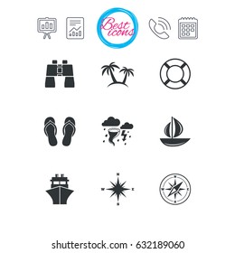 Presentation, report and calendar signs. Cruise trip, ship and yacht icons. Travel, lifebuoy and palm trees signs. Binoculars, windrose and storm symbols. Classic simple flat web icons. Vector