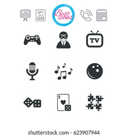 Presentation, report and calendar signs. Entertainment icons. Game, bowling and puzzle signs. Casino, carnival and musical note symbols. Classic simple flat web icons. Vector