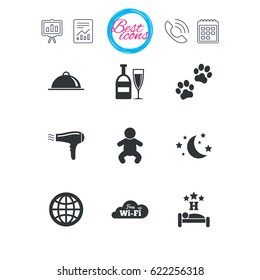 Presentation, report and calendar signs. Hotel, apartment service icons. Restaurant sign. Alcohol drinks, wi-fi internet and sleep symbols. Classic simple flat web icons. Vector