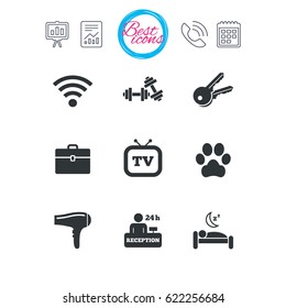Presentation, report and calendar signs. Hotel, apartment service icons. Wi-fi internet. Reception, pets allowed and hairdryer symbols. Classic simple flat web icons. Vector