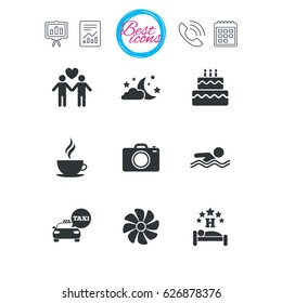 Presentation, report and calendar signs. Hotel, apartment service icons. Swimming pool. Ventilation, birthday party and gay-friendly symbols. Classic simple flat web icons. Vector