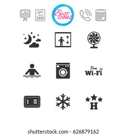 Presentation, report and calendar signs. Hotel, apartment service icons. Washing machine. Wifi, air conditioning and swimming pool symbols. Classic simple flat web icons. Vector