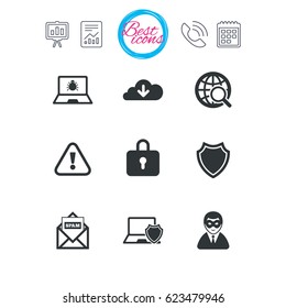 Presentation, report and calendar signs. Internet privacy icons. Cyber crime signs. Virus, spam e-mail and anonymous user symbols. Classic simple flat web icons. Vector
