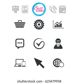 Presentation, report and calendar signs. Internet, seo icons. Tick, online shopping and chart signs. Anonymous user, mobile devices and chat symbols. Classic simple flat web icons. Vector