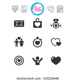 Presentation, report and calendar signs. Love, valentine day icons. Target with heart, oath letter and locker symbols. Couple lovers, boyfriend signs. Classic simple flat web icons. Vector