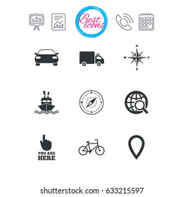 Presentation, report and calendar signs. Navigation, gps icons. Windrose, compass and map pointer signs. Bicycle, ship and car symbols. Classic simple flat web icons. Vector