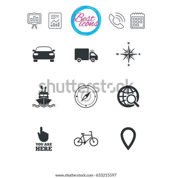 Presentation, report and\
calendar signs. Navigation, gps icons. Windrose, compass and map\
pointer signs. Bicycle, ship and car symbols. Classic simple flat\
web icons.\
Vector