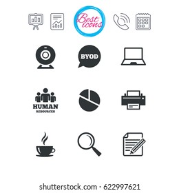 Presentation, report and calendar signs. Office, documents and business icons. Pie chart, byod and printer signs. Report, magnifier and web camera symbols. Classic simple flat web icons. Vector
