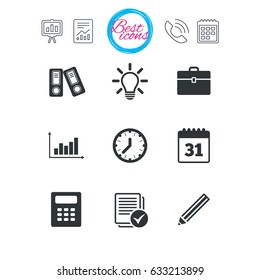 Presentation, report and calendar signs. Office, documents and business icons. Accounting, calculator and case signs. Ideas, calendar and statistics symbols. Classic simple flat web icons. Vector